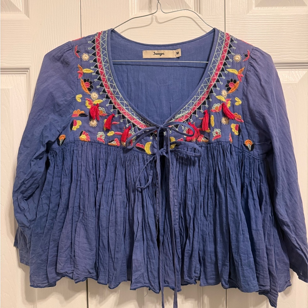 Sundance Indigo Blue Embroidered Peasant Blouse with Tassel Ties